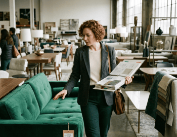 Person touching a green sofa and holding fabric and design samples in a furniture showroom