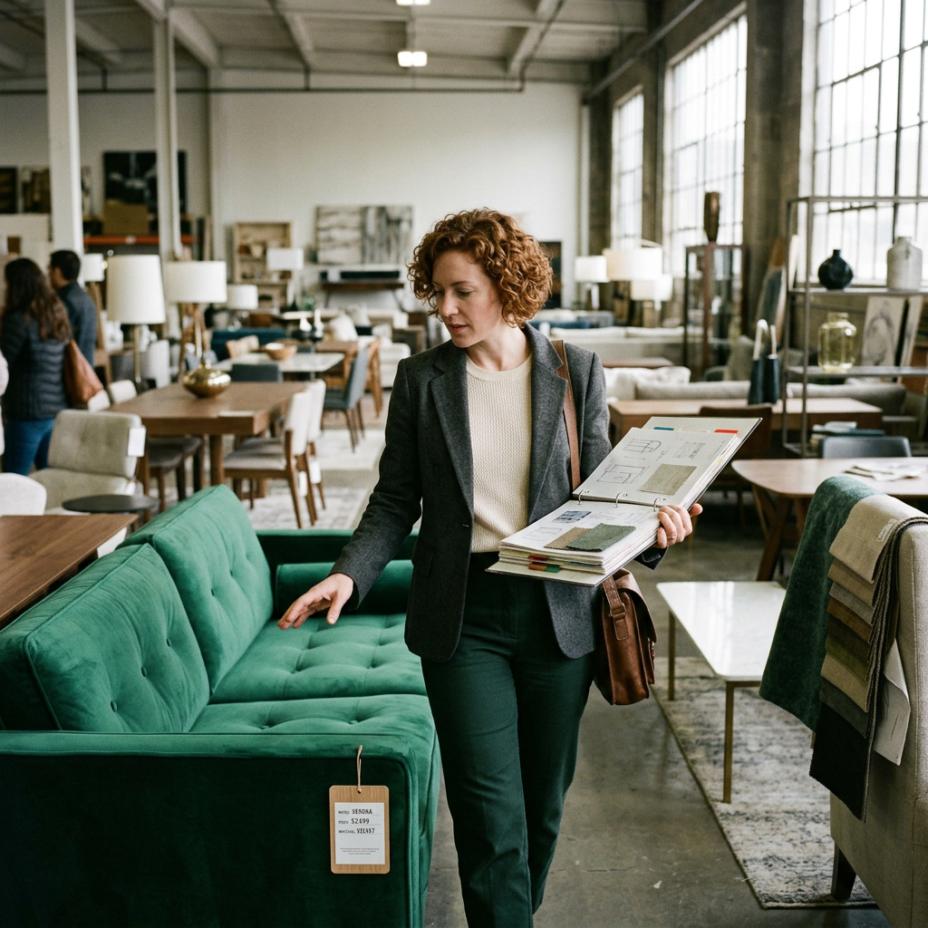 An interior designer evaluates a green sofa while holding fabric samples in a furniture store. Person touching a green sofa and holding fabric and design samples in a furniture showroom